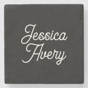 Any Name Elegant Vintage White Script on Black Stone Coaster
