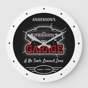 Any Name Garage Retro Car Since Date White Black Large Clock
