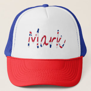 Any Name overlaid on Union Jack Flag thcn Trucker Hat