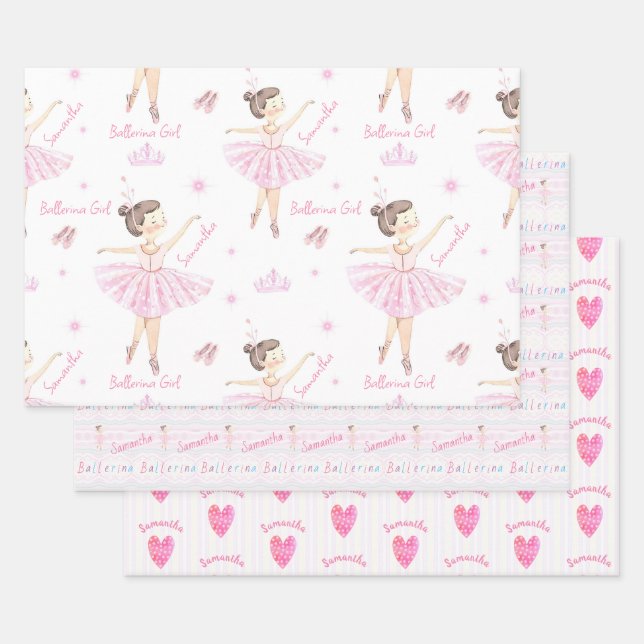 Any Name Pretty Pink & White Ballerina Wrapping Paper Sheet (Set)
