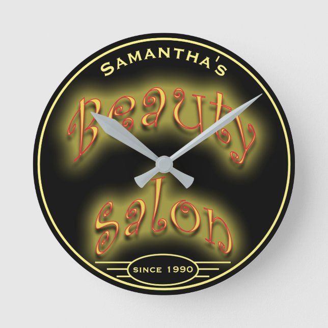 Any Name Yellow Glow on Black Beauty Salon - Round Clock (Front)