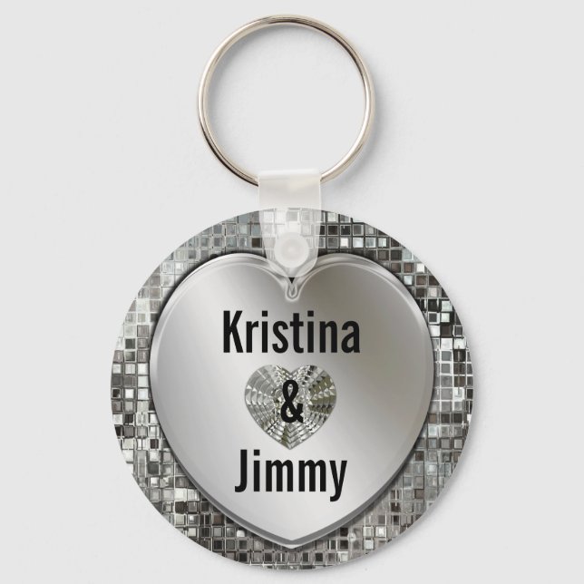 Any Names On Sparkling Silver Heart Keychain (Front)