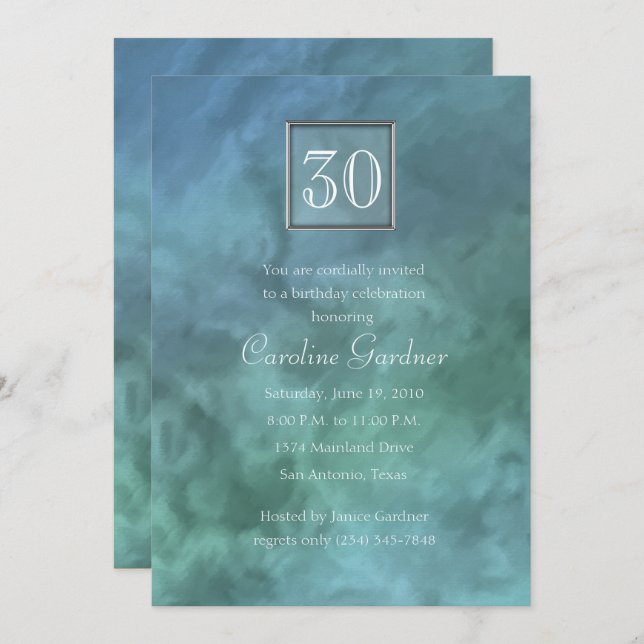 Any Number Blue Aqua Marble Birthday Invitation (Front/Back)