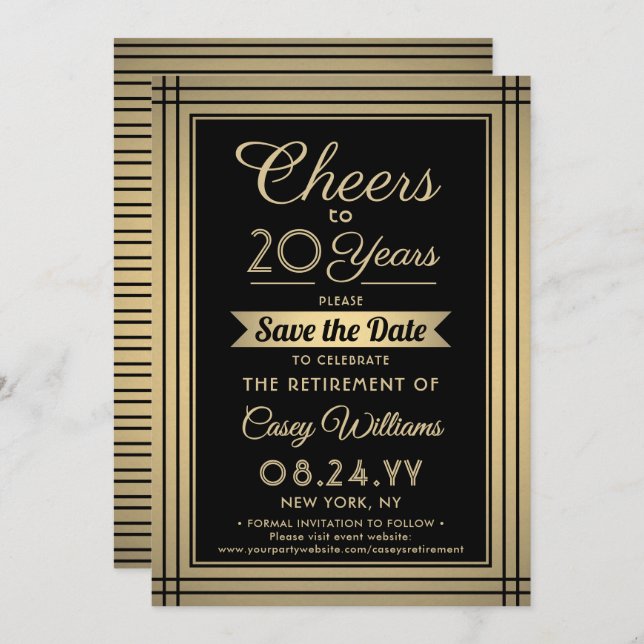 ANY Number Retirement Party Cheers Black and Gold Save The Date (Front/Back)