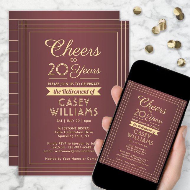 ANY Number Retirement Party Cheers Burgundy & Gold Invitation (Creator Uploaded)
