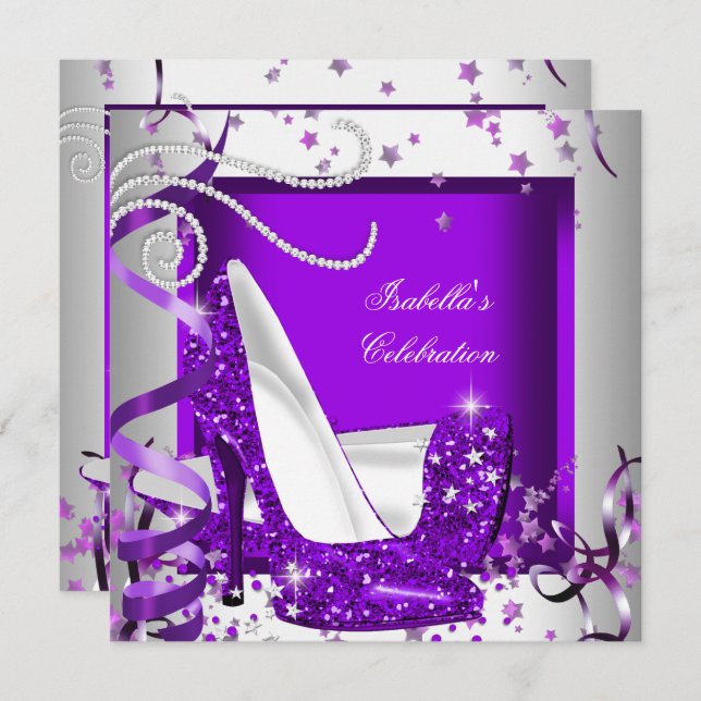 Any Occasion Party Glitter Hot Purple High Heels Invitation (Front/Back)