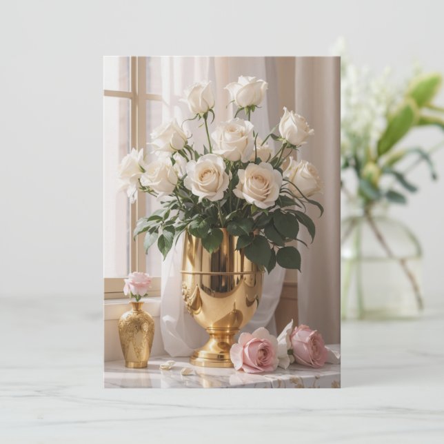 Any Occasion Rose Bouquet Gold Vase In Sunlight Holiday Card (Standing Front)