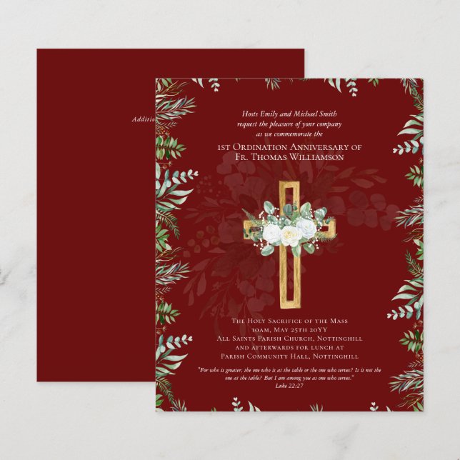 ANY Ordination Anniversary Invitation Burgundy (Front/Back)