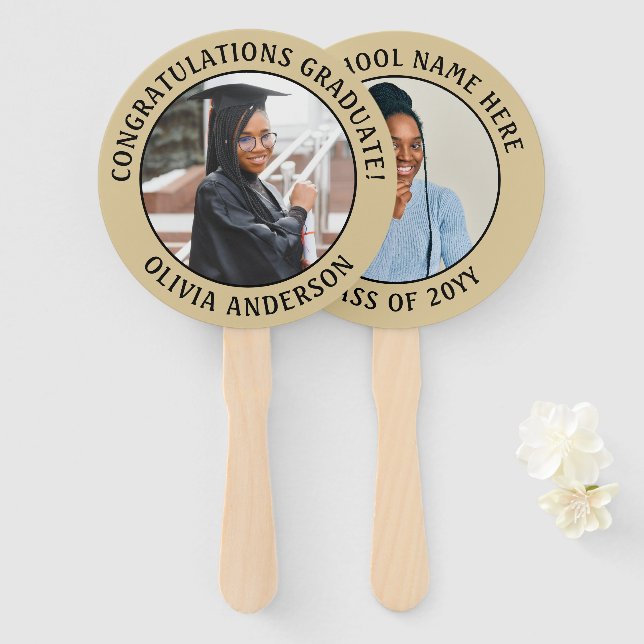 Any Quote 2 Photo Black and Gold Colour Graduation Hand Fan (Front and Back)