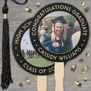 Any Quote 2 Photo Black and Gold Modern Graduation Hand Fan