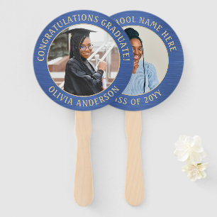 Any Quote 2 Photo Brushed Blue and Gold Graduation Hand Fan