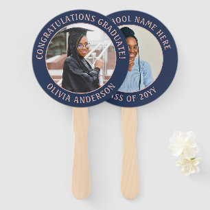 Any Quote 2 Photo Navy Blue Pink Modern Graduation Hand Fan