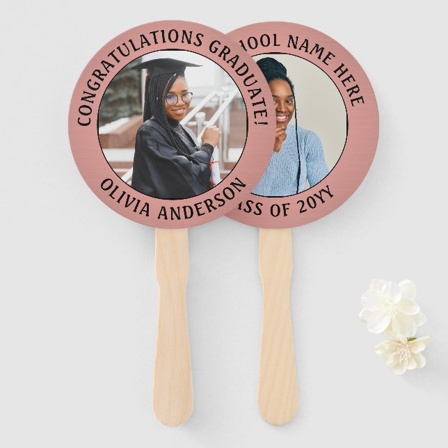 Any Quote 2 Photo Pink and Black Modern Graduation Hand Fan (Front and Back)