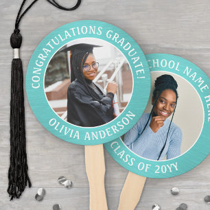 Any Quote 2 Photo Teal Blue and White Graduation Hand Fan