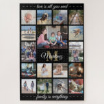 Any Quote Family Photo Collage Gold Black Monogram Jigsaw Puzzle<br><div class="desc">Celebrate the simple joys of family with a unique and fun photo collage puzzle. If you prefer a background or text in colours other than black, gold, and white, see instructions below. (IMAGE PLACEMENT TIP: An easy way to centre a photo exactly how you want is to crop it before...</div>