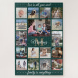 Any Quote Family Photo Collage Green Gold Monogram Jigsaw Puzzle<br><div class="desc">Celebrate the simple joys of family with a unique and fun photo collage puzzle. If you prefer a background or text in colors other than green, gold, and white, see instructions below. (IMAGE PLACEMENT TIP: An easy way to center a photo exactly how you want is to crop it before...</div>