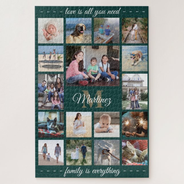 Any Quote Family Photo Collage Green Gold Monogram Jigsaw Puzzle (Vertical)
