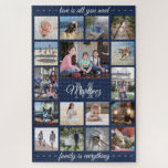 Any Quote Family Photo Collage Navy Blue Monogram Jigsaw Puzzle<br><div class="desc">Celebrate the simple joys of family with a unique and fun photo collage puzzle. If you prefer a background or text in colours other than blue, white and grey, see instructions below. (IMAGE PLACEMENT TIP: An easy way to centre a photo exactly how you want is to crop it before...</div>
