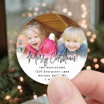 Any Script Round Photo Return Address Labels<br><div class="desc">Add a stylish finishing touch to holiday card envelopes with modern custom photo round return address labels. The picture and all text on this template are simple to personalise with any wording, such as Merry Christmas, Happy Holidays, Seasons Greetings, or Happy New Year. As an option, change the script typography...</div>