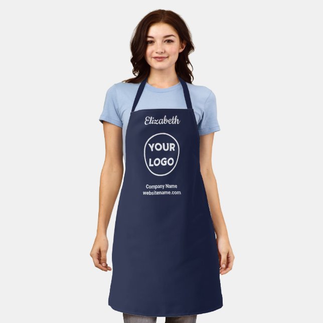 Any Shape Business Logo Custom Name on Navy Blue Apron (Worn)
