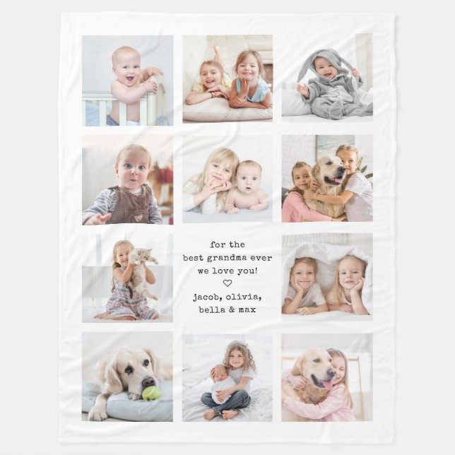 Any Text 11 Photo Collage Modern Minimal Keepsake Fleece Blanket (Front)