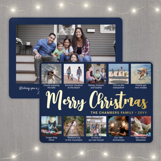 Any Text 11 Photo Collage Simple Navy Blue & Gold (Creator Uploaded)