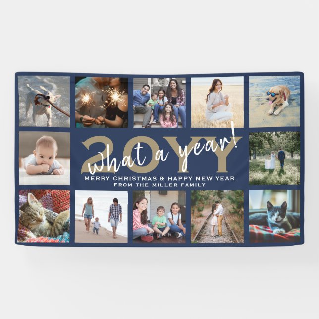 Any Text 12 Photo Christmas New Years Blue Holiday Banner (Horizontal)