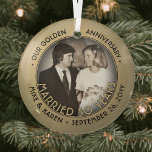 Any Text 1 Photo Golden 50th Wedding Anniversary Glass Tree Decoration<br><div class="desc">Celebrate a joyful golden 50th wedding anniversary with a custom photo "Married 50 Years" black and gold round glass Christmas ornament. Picture and all text on this template are simple to personalize. (IMAGE & TEXT DESIGN TIPS: 1) To adjust position of wording, add spaces at beginning or end. 2) To...</div>