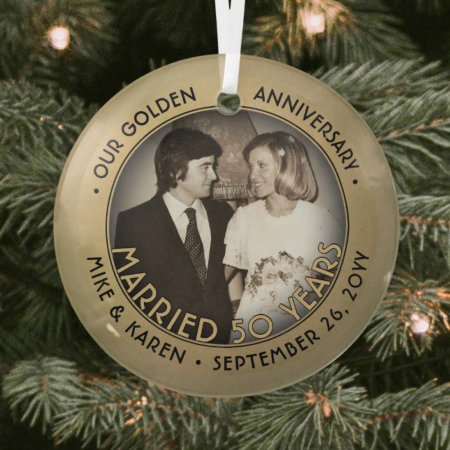 Any Text 1 Photo Golden 50th Wedding Anniversary Glass Tree Decoration (Creator Uploaded)