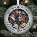 Any Text 2 Photo 10th Wedding Anniversary Faux Tin Metal Tree Decoration<br><div class="desc">Celebrate a joyful 10th wedding anniversary with a custom 2 photo "Married 10 Years" round metal faux brushed silver Christmas ornament. All text and images on this template are simple to personalise and can be different or the same on front and back. (IMAGE & TEXT DESIGN TIPS: 1) To adjust...</div>