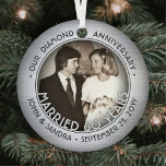 Any Text 2 Photo Diamond 60th Wedding Anniversary Metal Tree Decoration<br><div class="desc">Celebrate a joyful 60th wedding anniversary with a custom 2 photo "Married 60 Years" round metal faux brushed platinum Christmas ornament. All text and images on this template are simple to personalise and can be different or the same on front and back. The design features a faux silver border, stylish...</div>