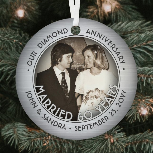 Any Text 2 Photo Diamond 60th Wedding Anniversary Metal Tree Decoration (Creator Uploaded)