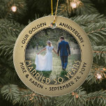 Any Text 2 Photo Golden 50th Wedding Anniversary Ceramic Tree Decoration<br><div class="desc">Celebrate a joyful golden 50th wedding anniversary with a custom 2 photo "Married 50 Years" black and gold round ceramic ornament. All text and images on this template are simple to personalize and can be different or the same on front and back. (IMAGE & TEXT DESIGN TIPS: 1) To adjust...</div>