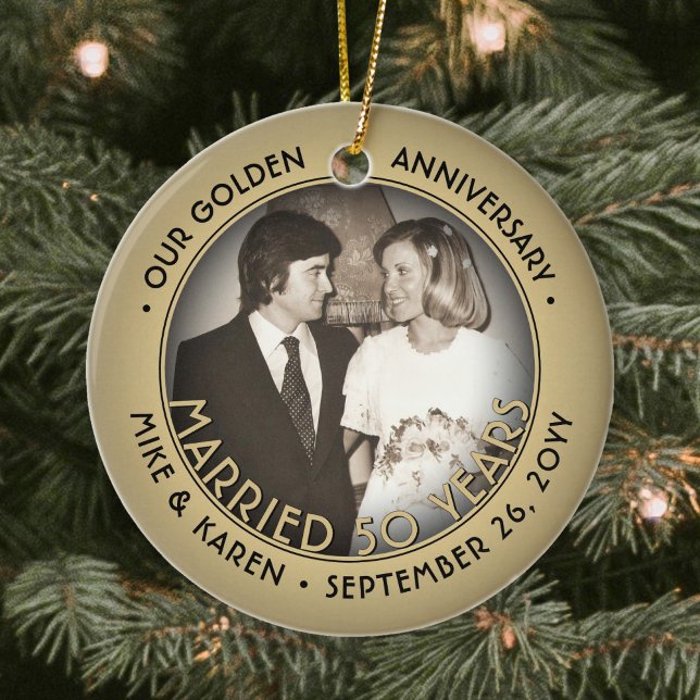 Any Text 2 Photo Golden 50th Wedding Anniversary Ceramic Tree Decoration (Creator Uploaded)