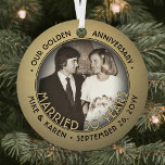 Any Text 2 Photo Golden 50th Wedding Anniversary Metal Tree Decoration<br><div class="desc">Celebrate a joyful golden 50th wedding anniversary with a custom 2 photo "Married 50 Years" black and gold round metal Christmas ornament. All text and images on this template are simple to personalize and can be different or the same on front and back. (IMAGE & TEXT DESIGN TIPS: 1) To...</div>