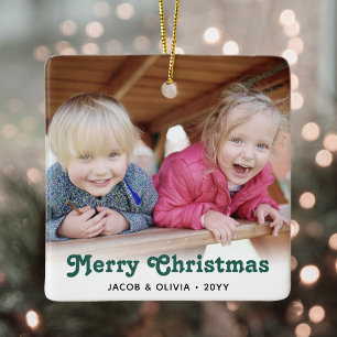 Any Text 2 Photo Green Retro Typography Simple Ceramic Ornament