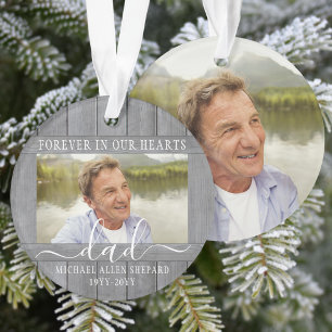 Any Text 2 Photo Memorial Simple Grey Faux Wood Ornament