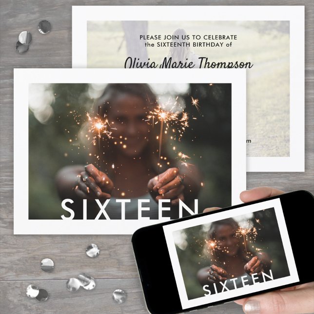 Any Text 2 Photo Modern Minimalist 16th Birthday Invitation (Creator Uploaded)