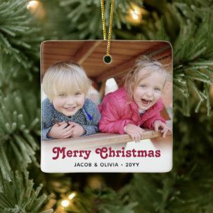 Any Text 2 Photo Red Retro Typography Simple Ceramic Ornament