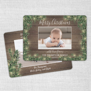 Any Text 2 Photo Rustic Wood, Pine & String Lights Holiday Card