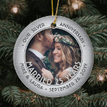 Any Text 2 Photo Silver 25th Wedding Anniversary Ceramic Tree Decoration<br><div class="desc">Celebrate a joyful 25th wedding anniversary with a custom 2 photo "Married 25 Years" faux brushed silver round ceramic Christmas ornament. All text and images on this template are simple to personalize and can be different or the same on front and back. (IMAGE & TEXT DESIGN TIPS: 1) To adjust...</div>