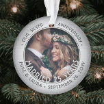 Any Text 2 Photo Silver 25th Wedding Anniversary Ornament<br><div class="desc">Celebrate a joyful 25th wedding anniversary with a custom 2 photo "Married 25 Years" faux brushed silver round acrylic Christmas ornament. All text and images on this template are simple to personalise and can be different or the same on front and back. (IMAGE & TEXT DESIGN TIPS: 1) To adjust...</div>