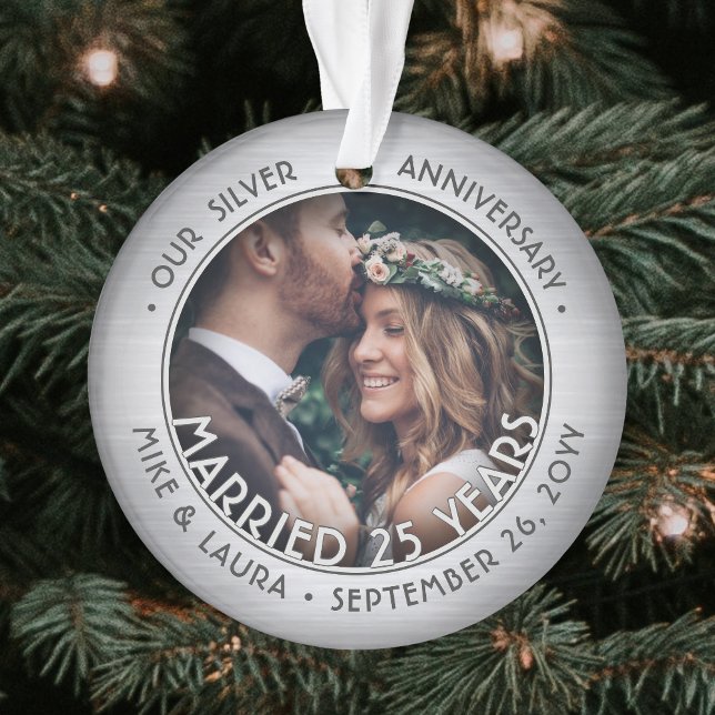 Any Text 2 Photo Silver 25th Wedding Anniversary Ornament (Creator Uploaded)