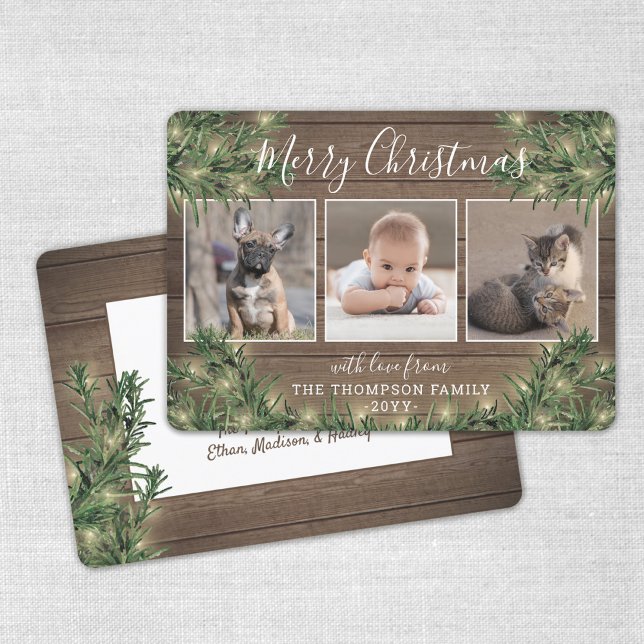 Any Text 3 Photo Rustic Wood Pine & String Lights Holiday Card (Creator Uploaded)