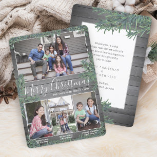 Any Text 4 Photo Collage & Captions Wood and Pine Holiday Card