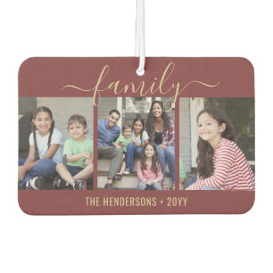 Any Text 4 Photo Script Family Burgundy and Gold Car Air Freshener