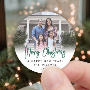 Any Text Chic Brushed Green Script Christmas Photo Classic Round Sticker