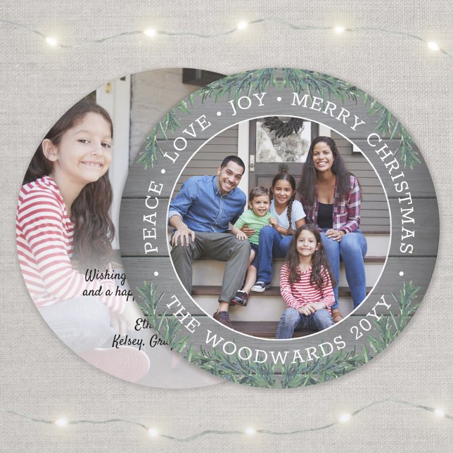 Any Text Christmas Greenery & Wood 2 Photo Round Holiday Card (Creator Uploaded)