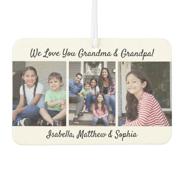 Any Text Family 4 Photo Collage Black and White Car Air Freshener (Front)