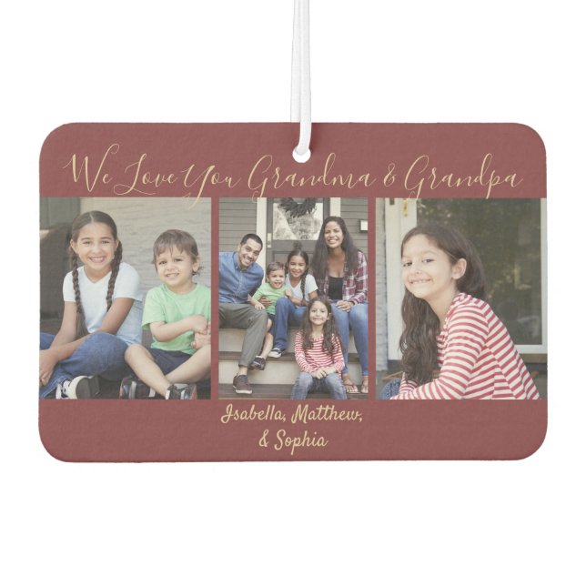 Any Text Family 4 Photo Collage Red & Gold Heart Car Air Freshener (Front)